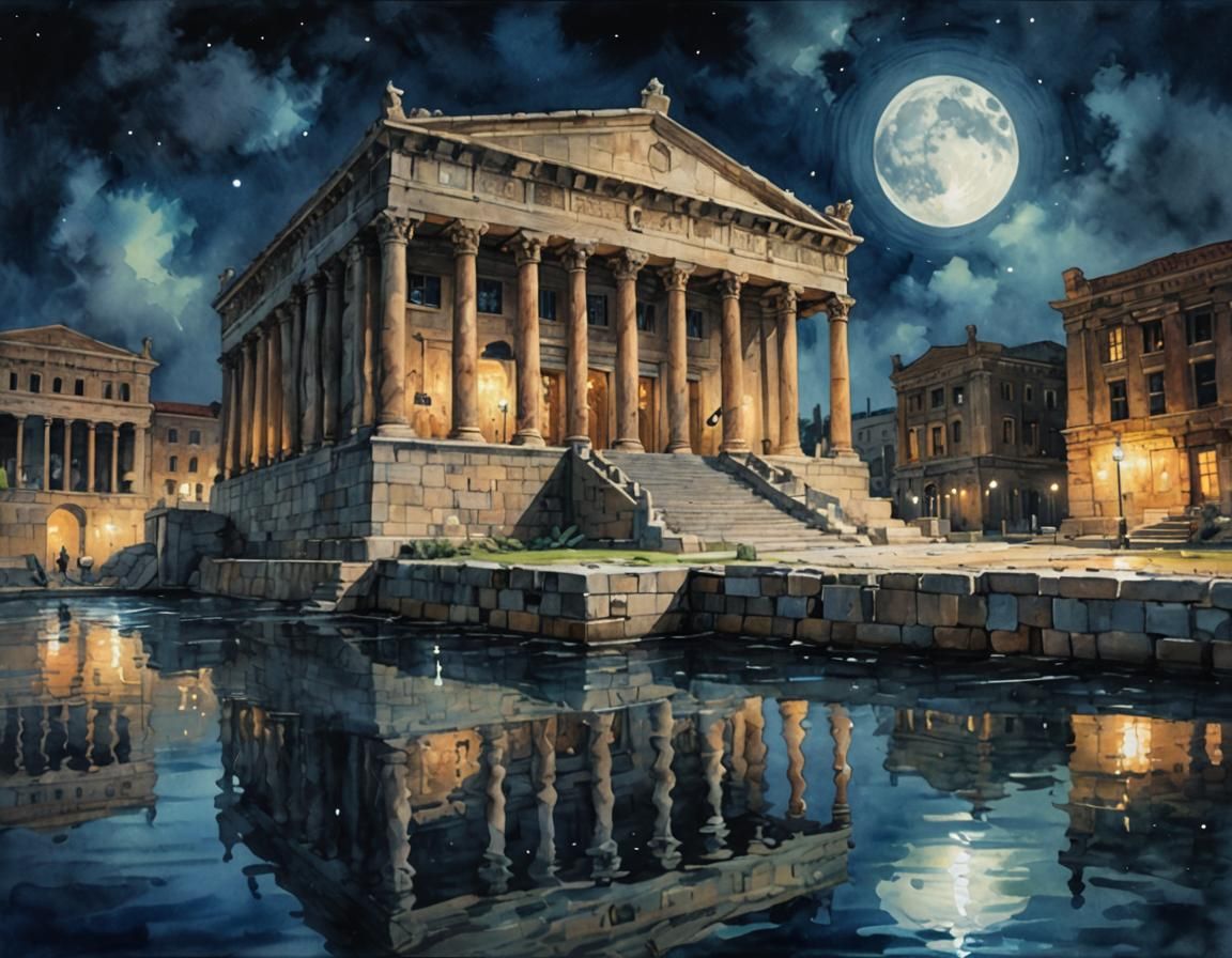 Flooded Library of Alexandria in Gouache Style