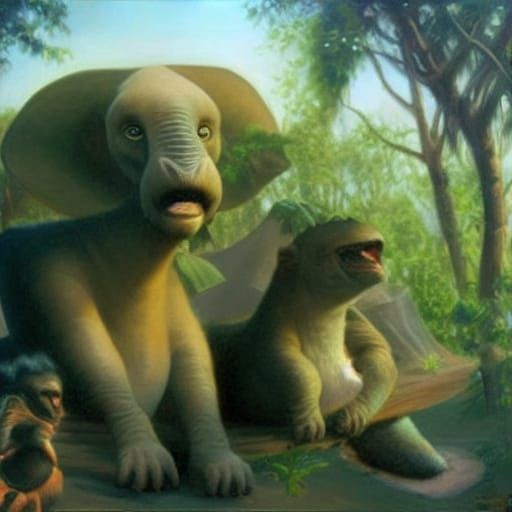 Exotic Alien Animals in Zoo, Oil Painting