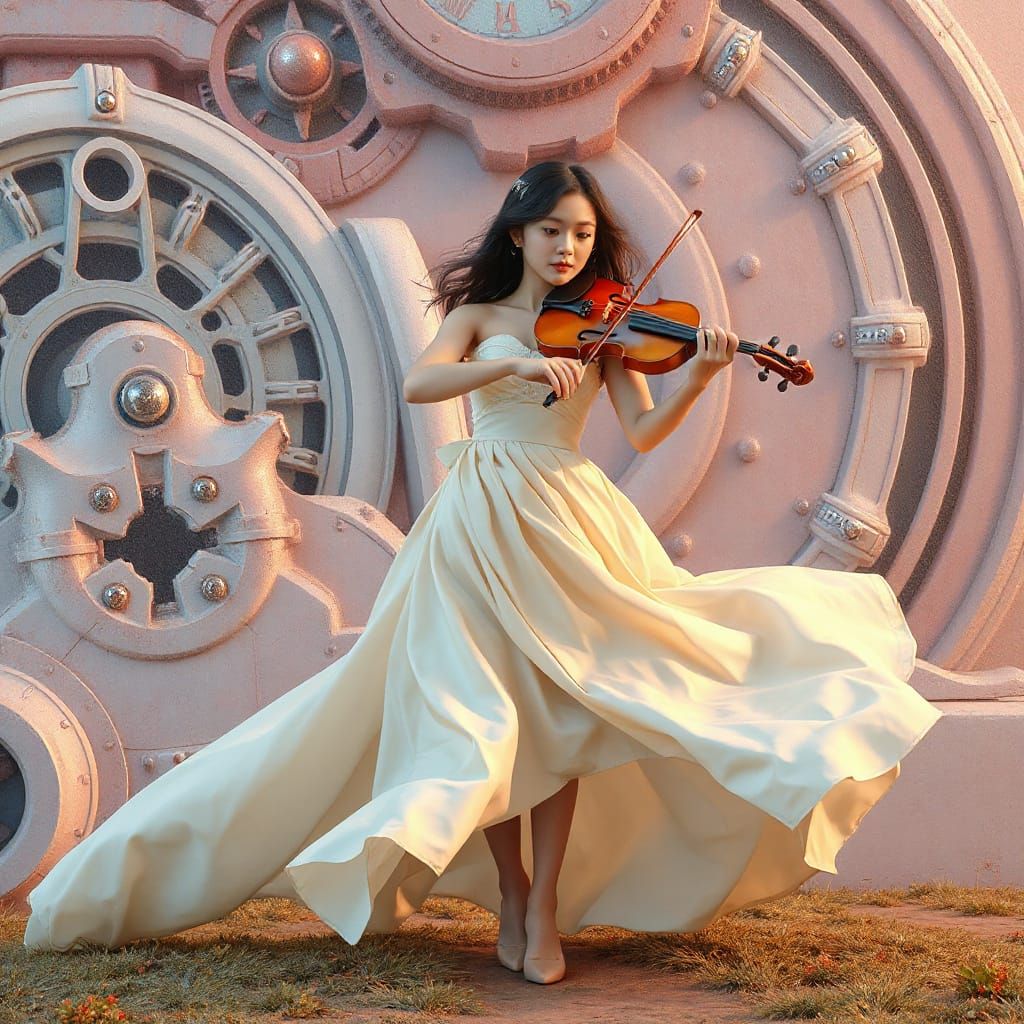 Woman Playing Violin in Surreal Sci-Fi Landscape