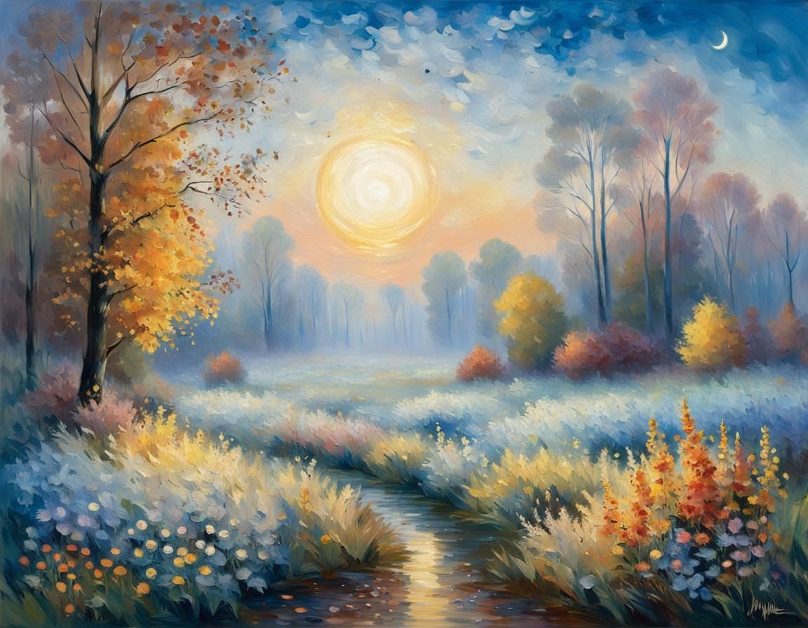 Impressionist Autumn Landscape Painting with Moonlit Mist