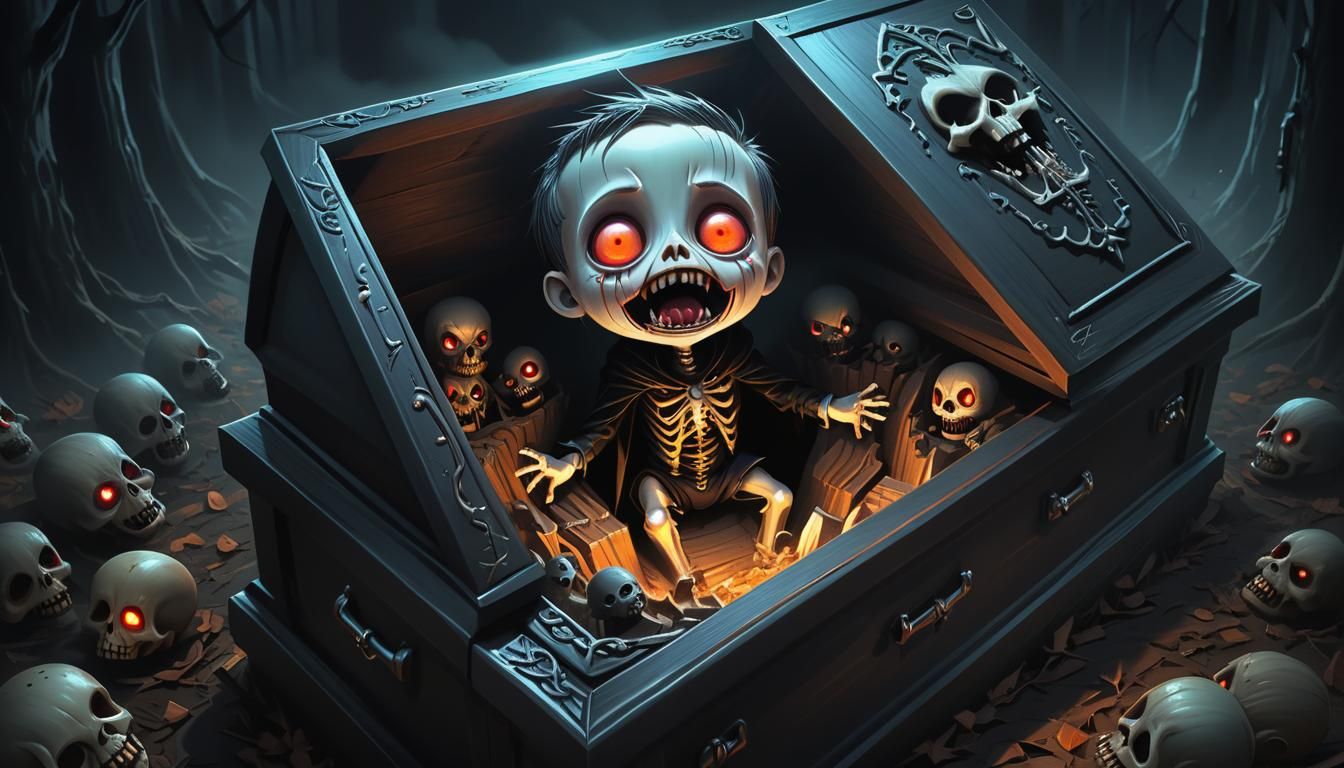 Chibi Nightmare Emerges from Coffin: Gothicpunk Digital Art