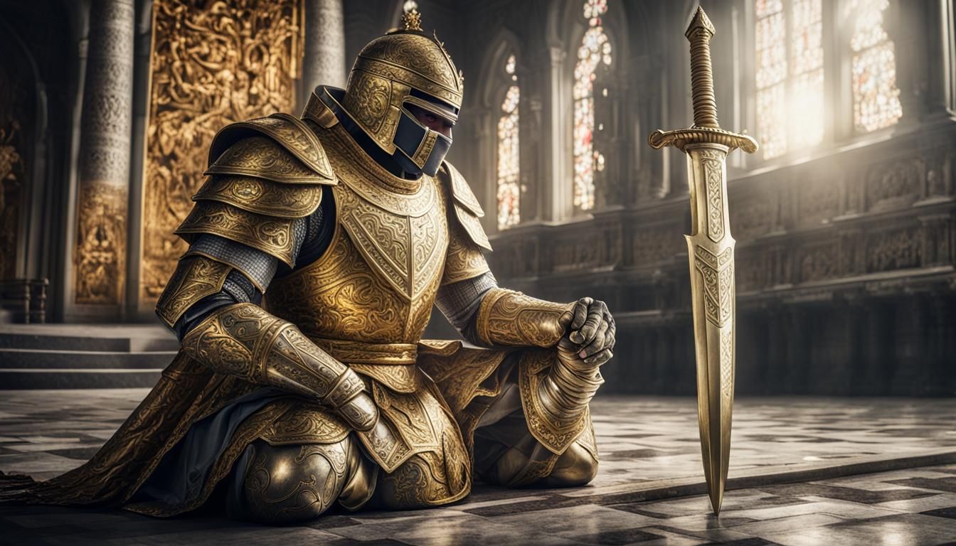 King in Gold Armor Praying with Sword