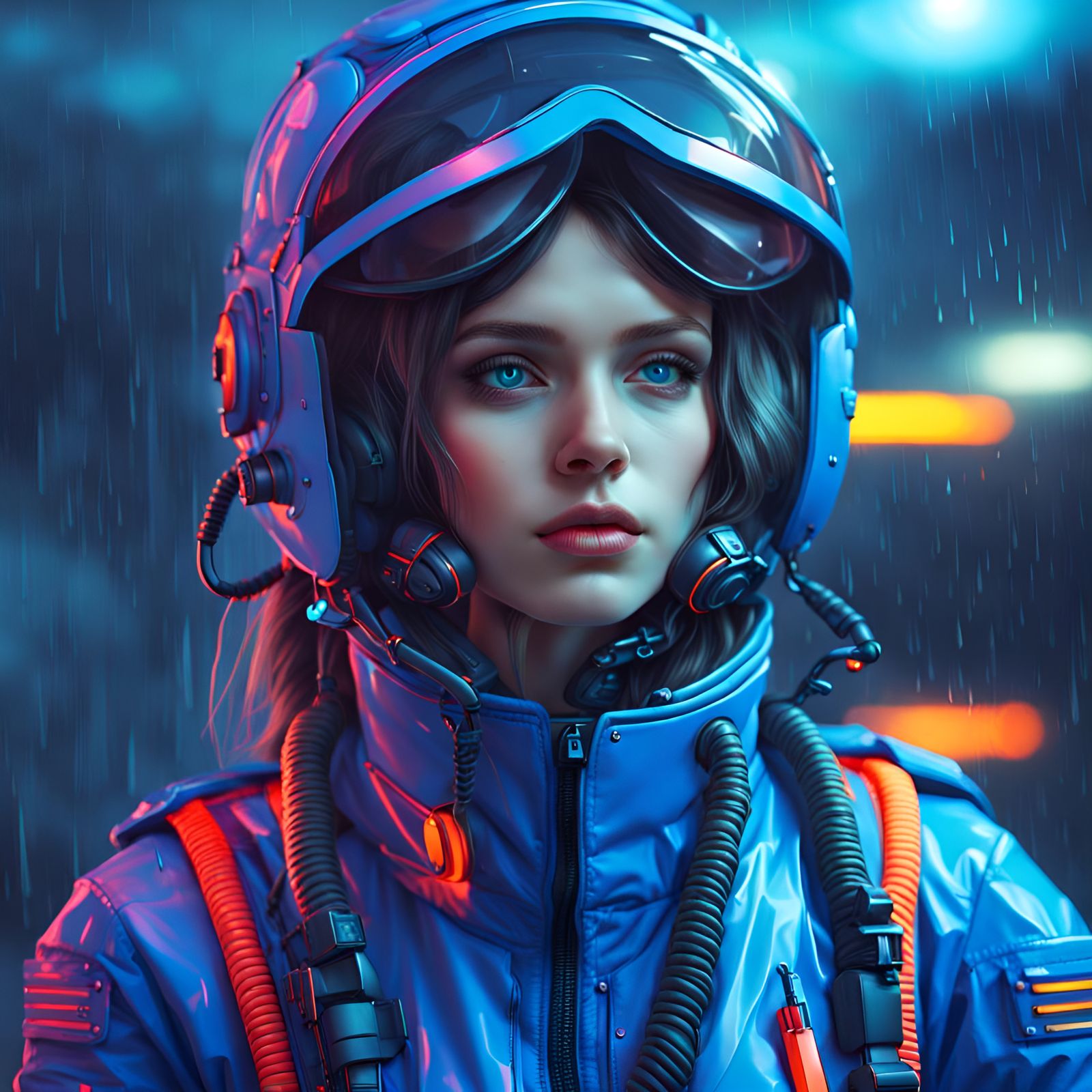 Futuristic Girl Pilot in Neon Rain
