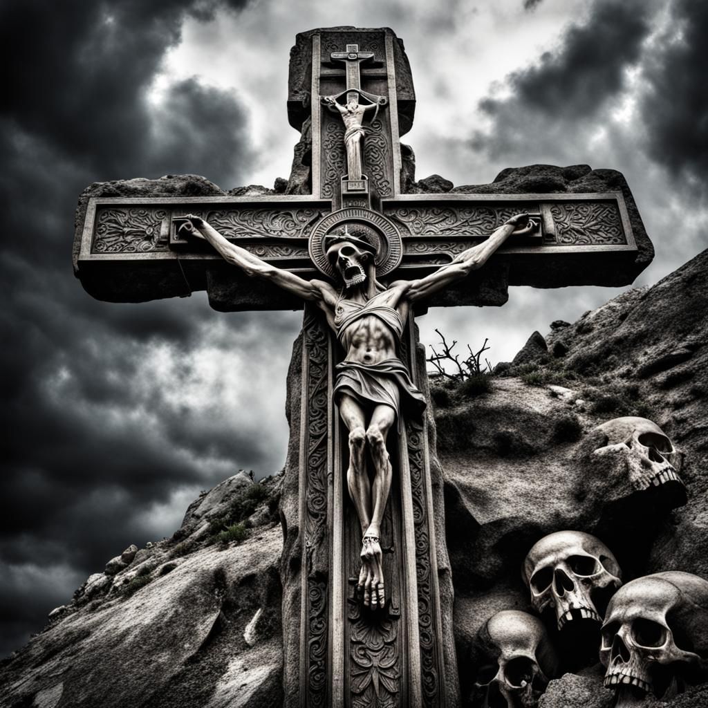 Dramatic Cross at Golgotha in Hyperrealistic Style