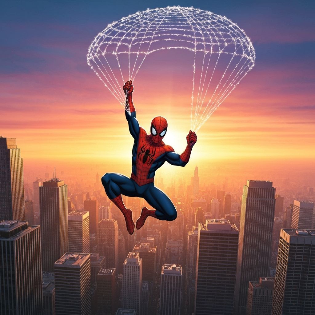 Spider-Man Parachutes Between Skyscrapers at Sunrise