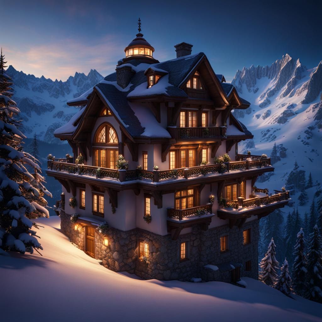 Illuminated Alpine House with Generators: Detailed Matte Pai...