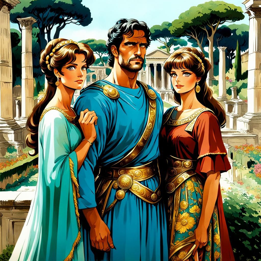 Ancient Rome Anime: Attractive Couple in Classical Garden