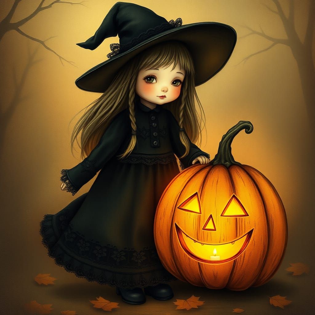 Whimsical Witch with Jack-O-Lantern in Vintage Style