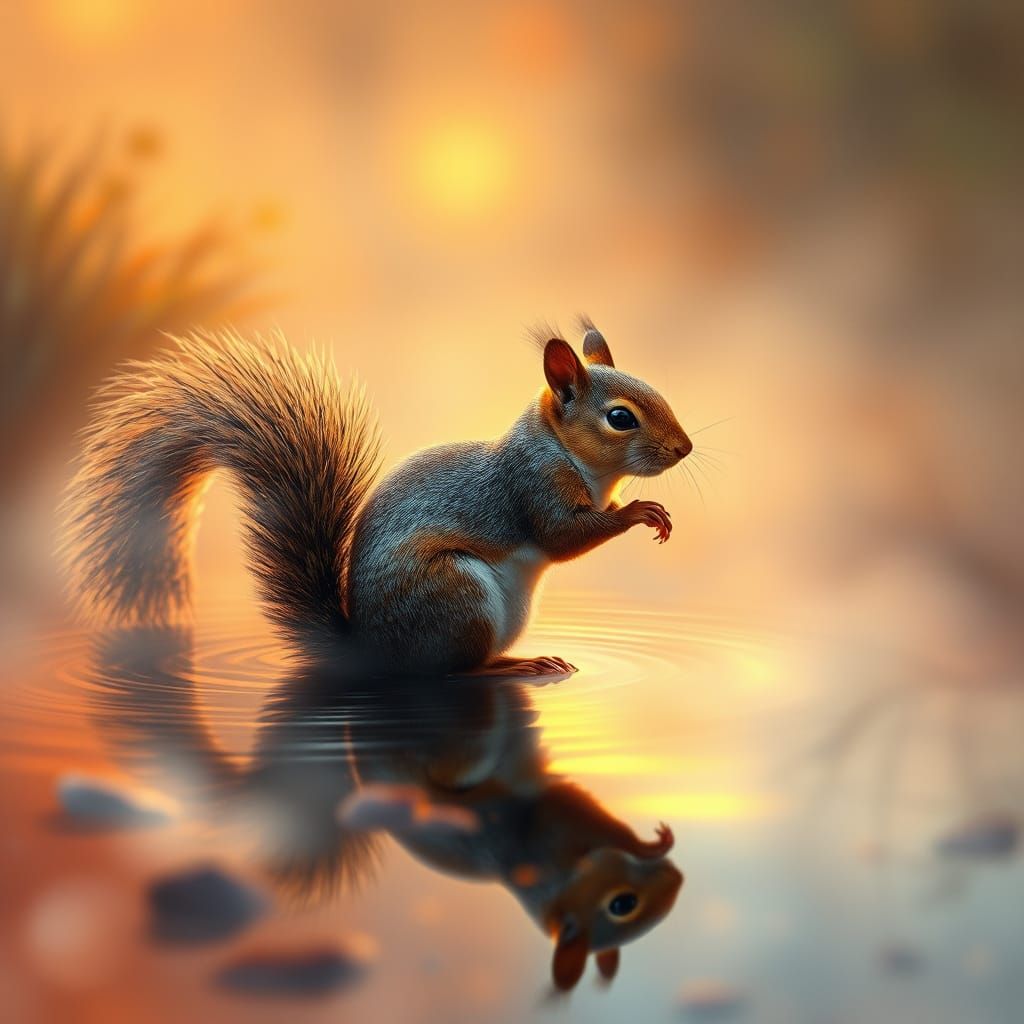 Squirrel in Sunset Mist: Ethereal Alcohol Ink Art