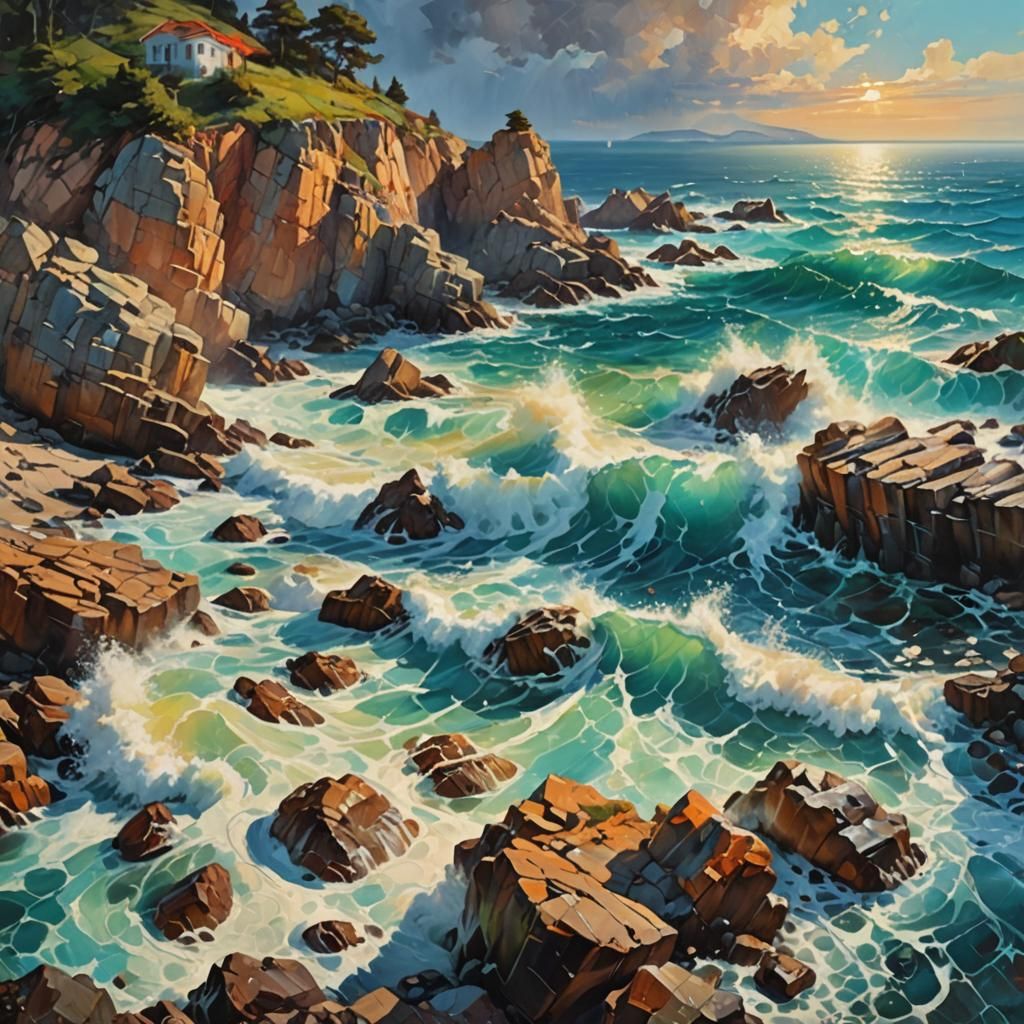 Seascape Oil Painting with Crashing Waves