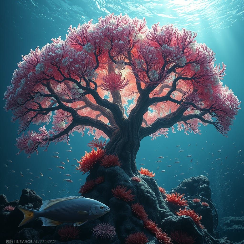 Crystalline Tree Adorned with Sea Life