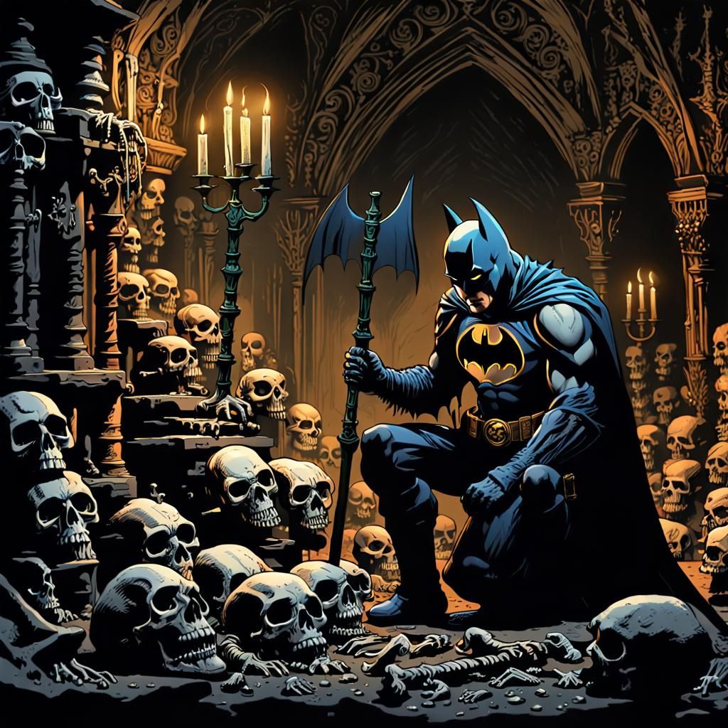 Batman in a Cryptic Batcave, Gothic Noir Concept Art