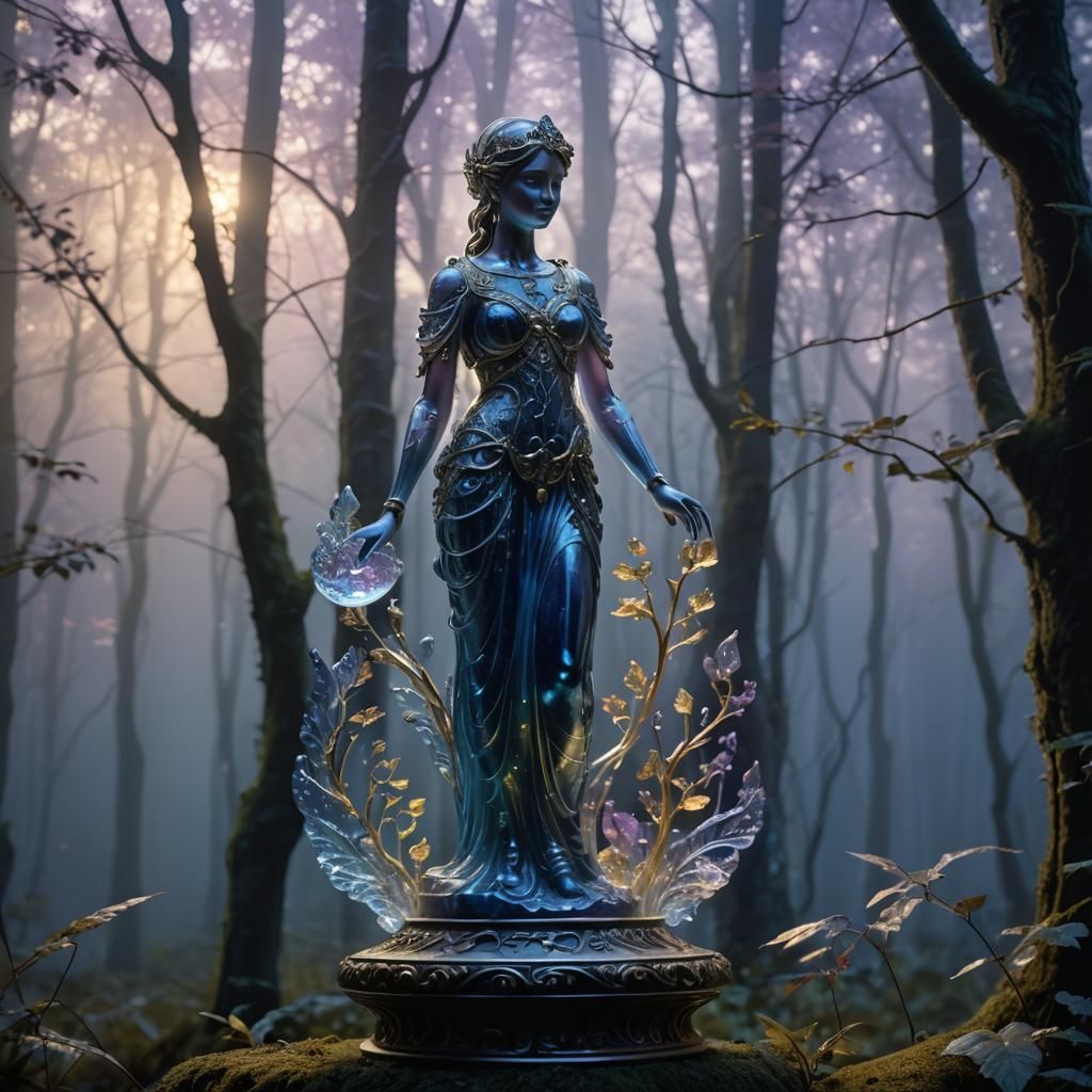 Iridescent Glass Statuette in Dreamlike Forest