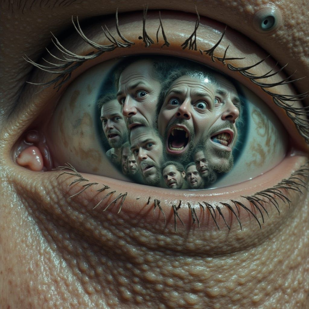 Fractal Grinning Men Trapped in Eye, Surreal Photorealism