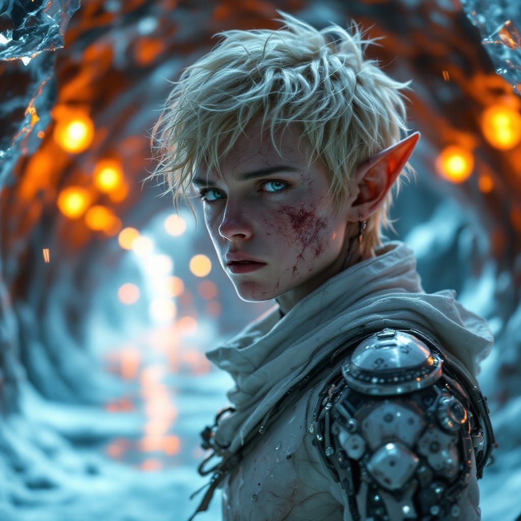 Battered Cyborg Elf in Ice Cave with Amber Lights