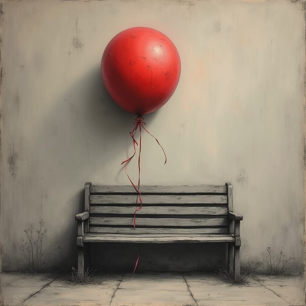 Red Balloon on Park Bench in Charcoal Style