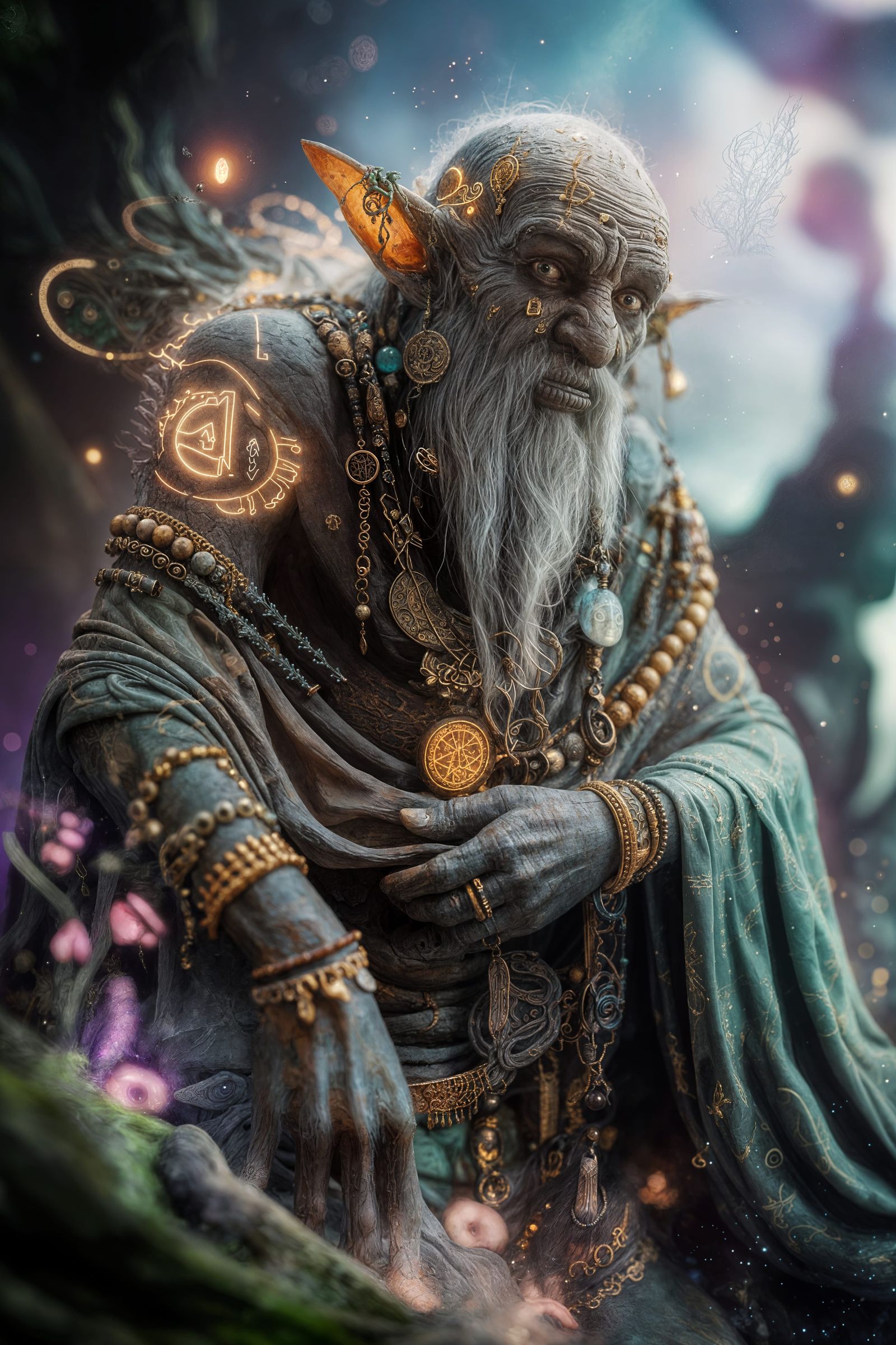 Ancient Runed Sage in Mystical Forest: 3D Render