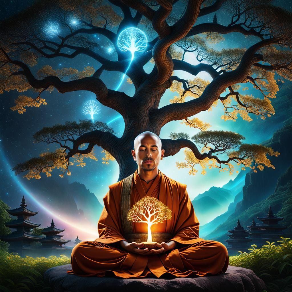 Monk meditating under a magical tree