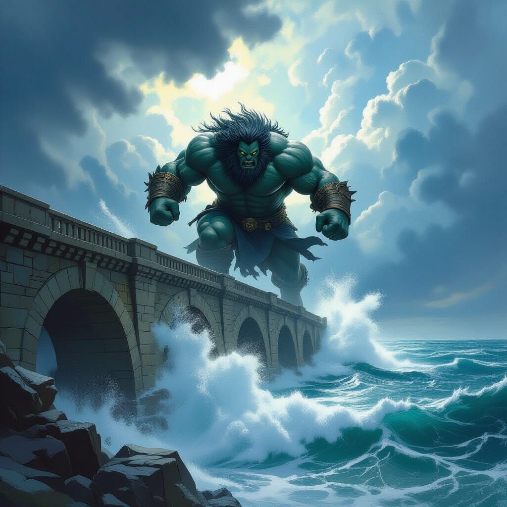 Colossal Figure Runs Across Stone Bridge in Epic Fantasy Sty...
