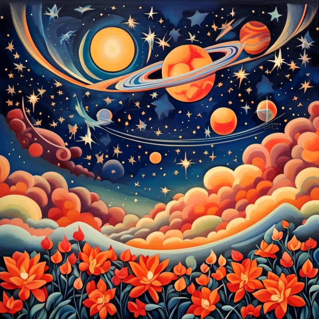Psychedelic Art Deco Sky with Floral Planets