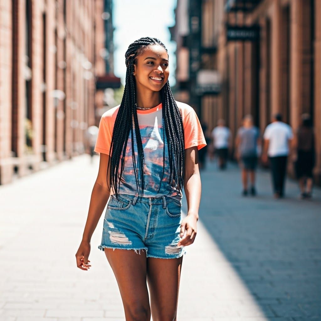 Confident Khoisan American Woman Strides Through City Street...