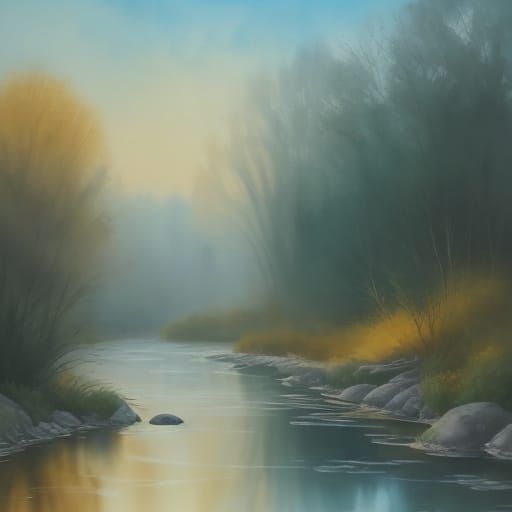 Expressionist Cat by River in Golden Light