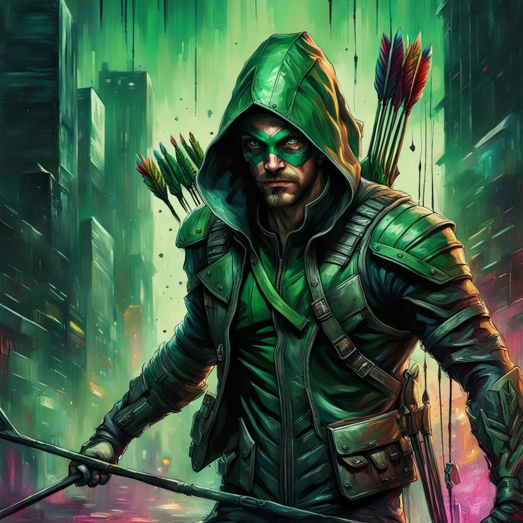 Green Arrow Splash Art in Cyberpunk Style
