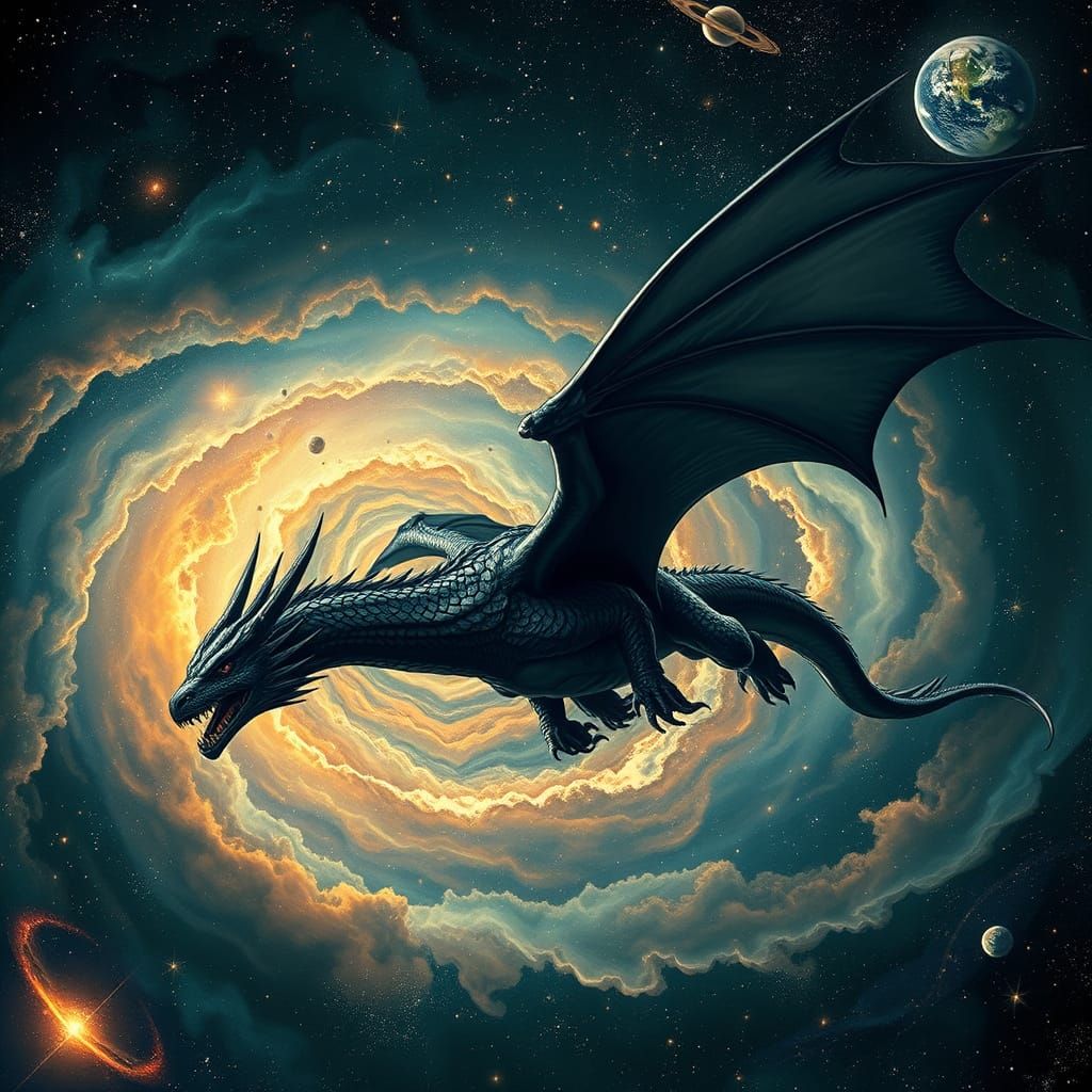 Black Dragon Soaring Through a Cosmic Galaxy