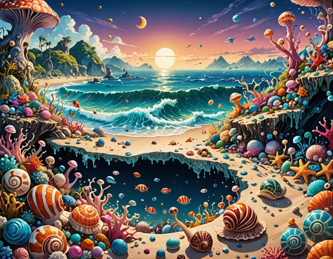 Surreal Shore Landscape with Exotic Sea Creatures