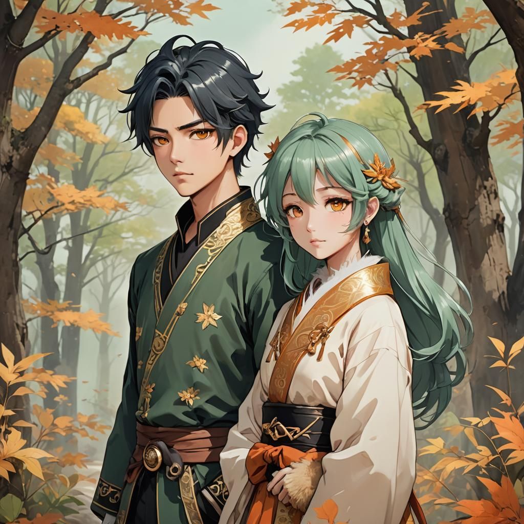 Charming Couple Portrait in Pastel Anime Style