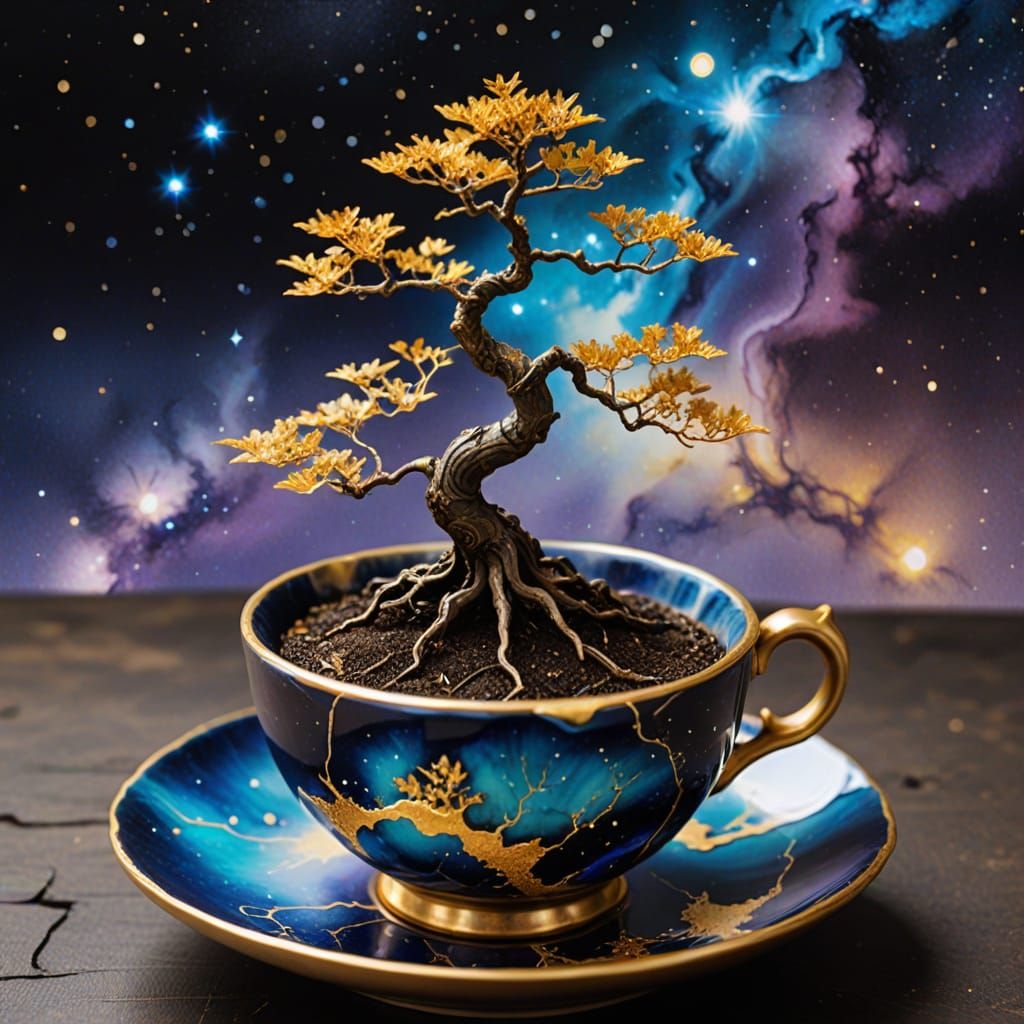 Surreal Miniature Bonsai Tree in Teacup with Nebula-Silk Lea...