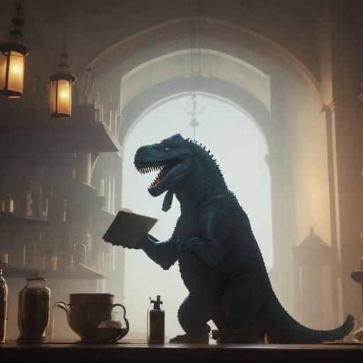 T-Rex Alchemist in Dark Academia Style