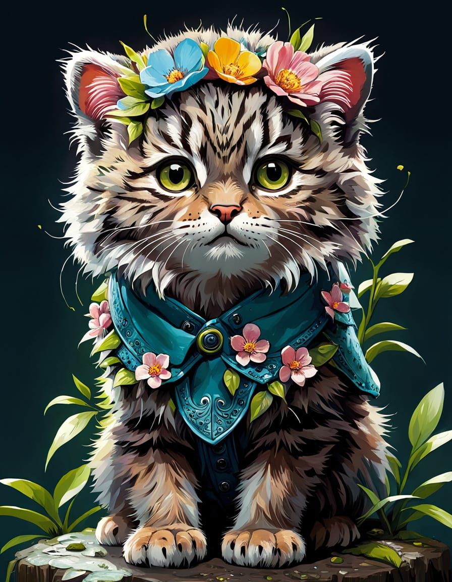 Adorable Pallas Cat in Vibrant Floral Spring Attire