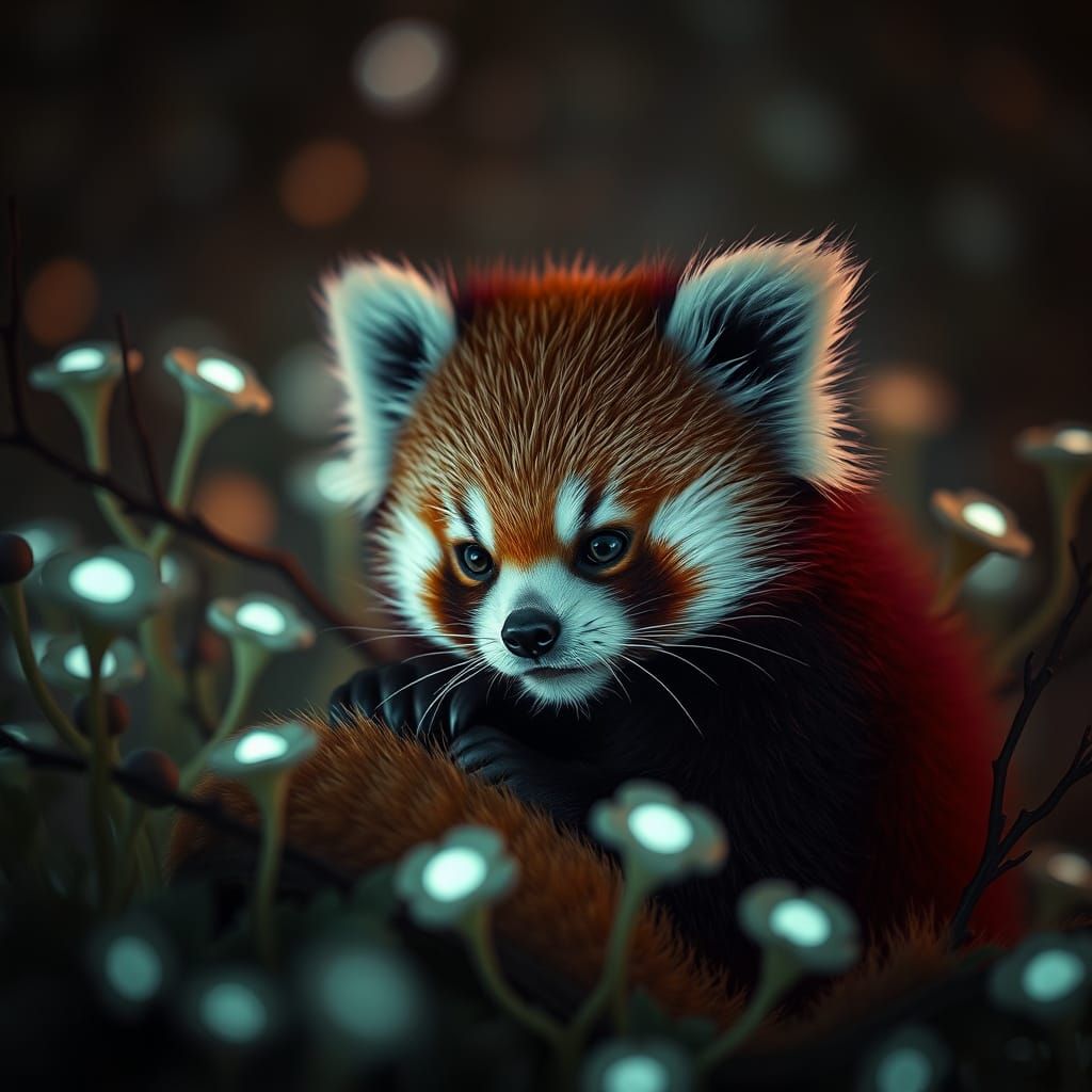 Adorable Baby Red Panda Amidst Bioluminescent Flora in Dark ...