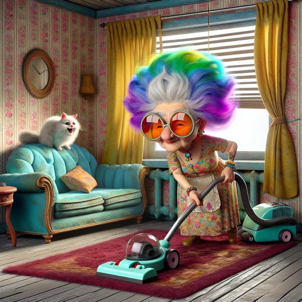 Whimsical Cartoon: Eccentric Woman Vacuuming with Cat