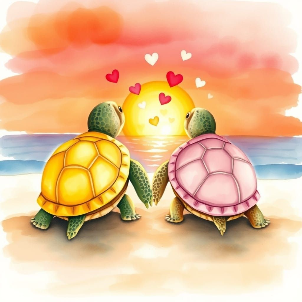 Charming Turtles Watch Sunset on Whimsical Beach in Watercol...