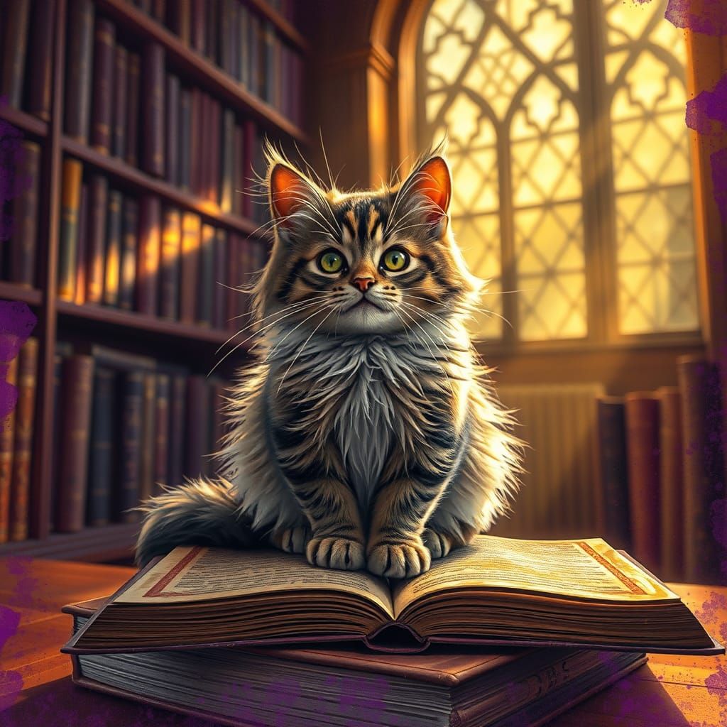 Cat in Sunlight on Book, Dark Fantasy Style