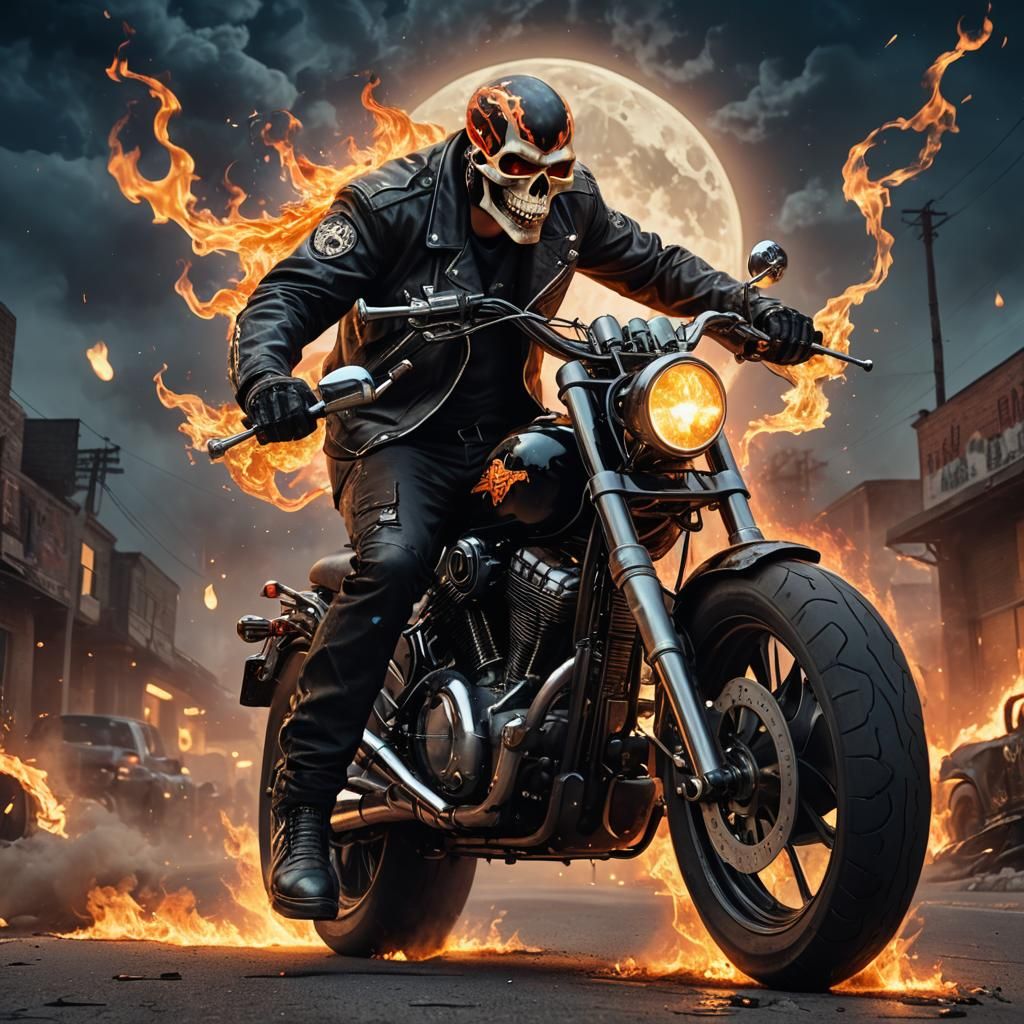 Flaming Skull Biker on Harley in Apocalypse