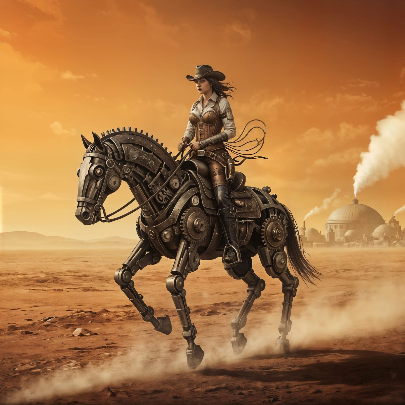 Steampunk Arabic Cowgirl Rides Mechanical Horse on Mars