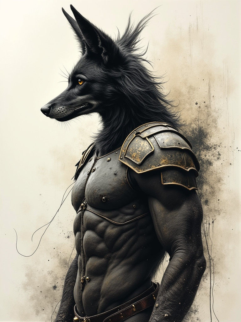Jackal Warrior in Armor, Expressive Charcoal Drawing