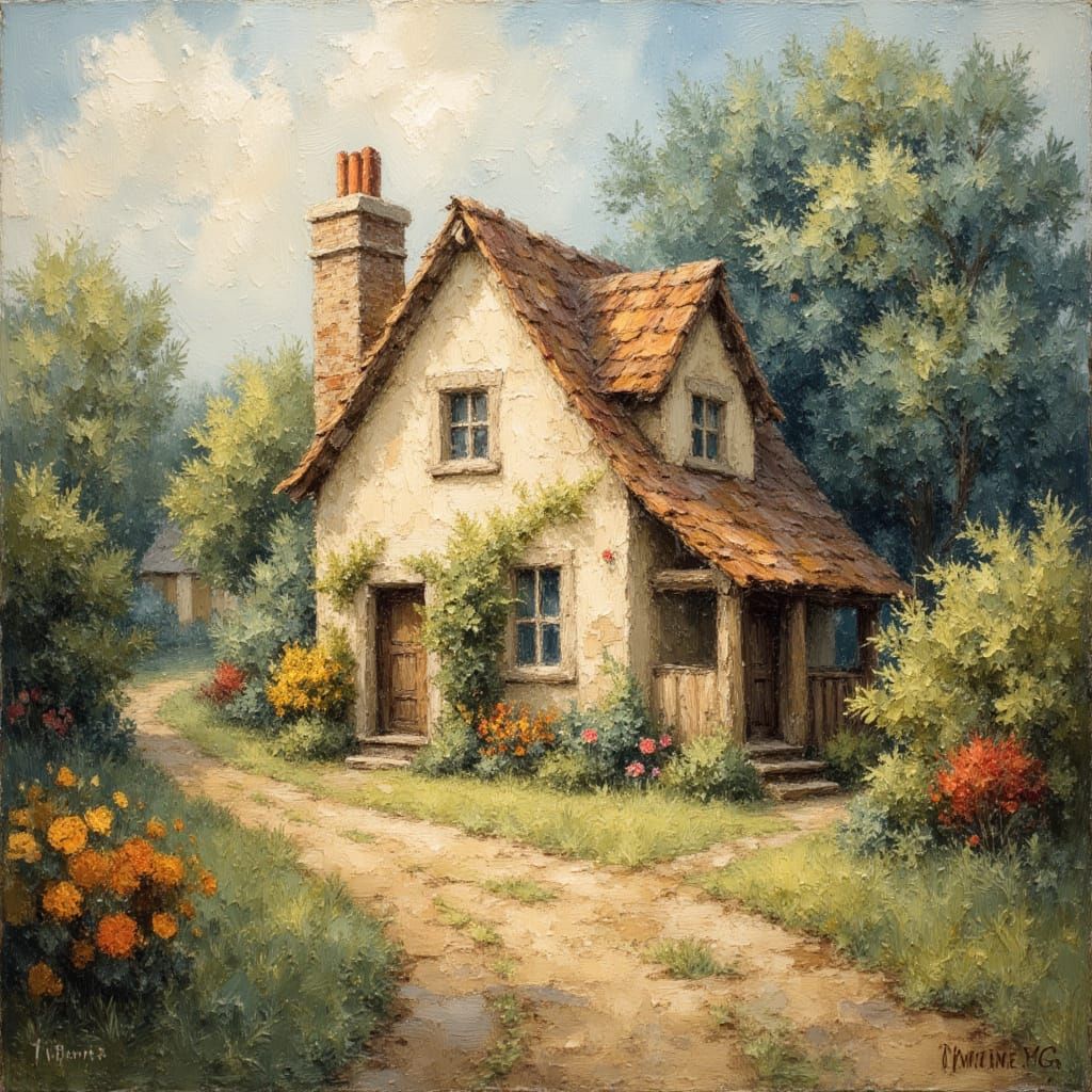 Quaint Country Cottage Oil Painting