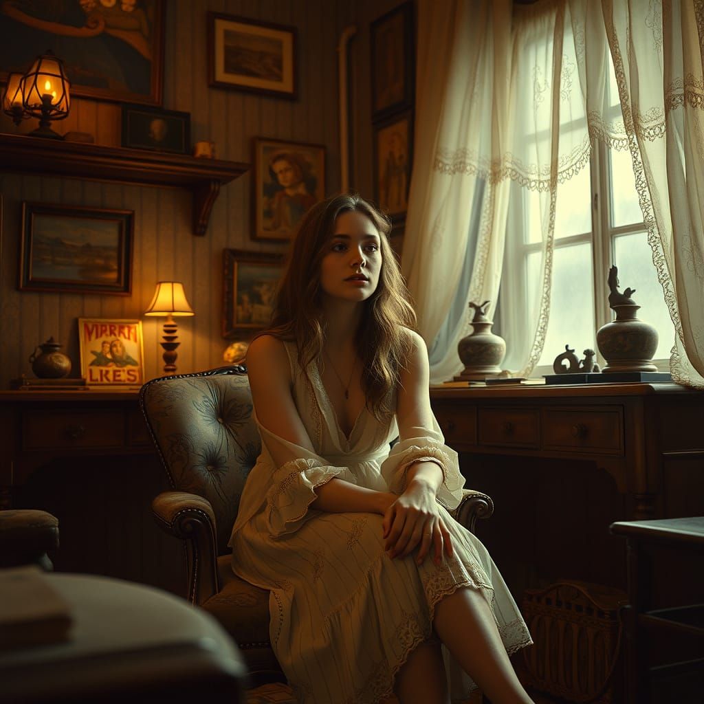Dreamy Woman in Art Nouveau Style Room