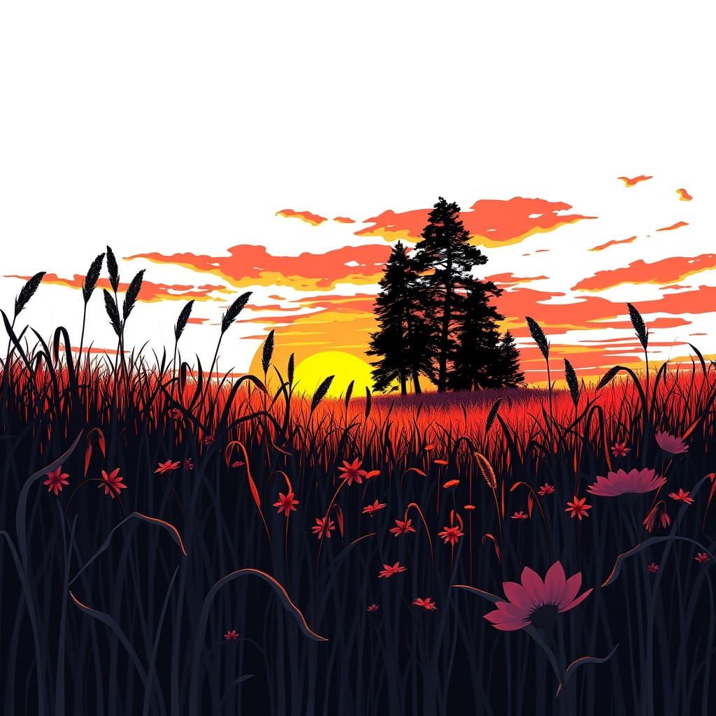 Simplistic Sunset Landscape in Black Line Art Style
