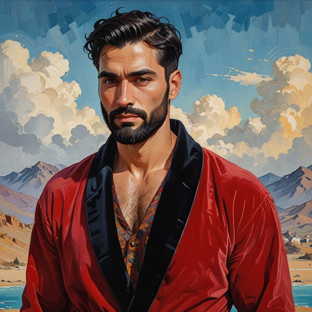 Smiling Man in Red Velvet Robe, Impressionist Oil Painting