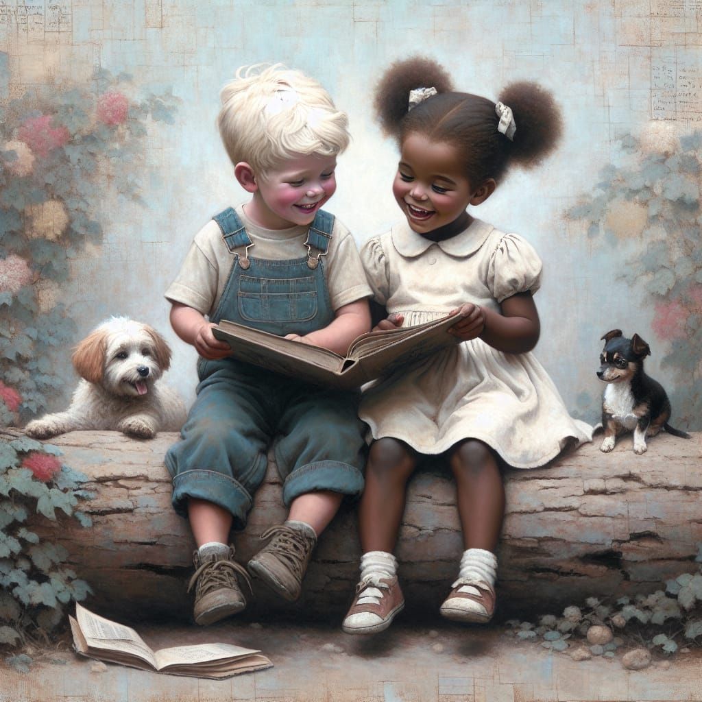 Children Sharing a Book: Muted Color Oil Painting