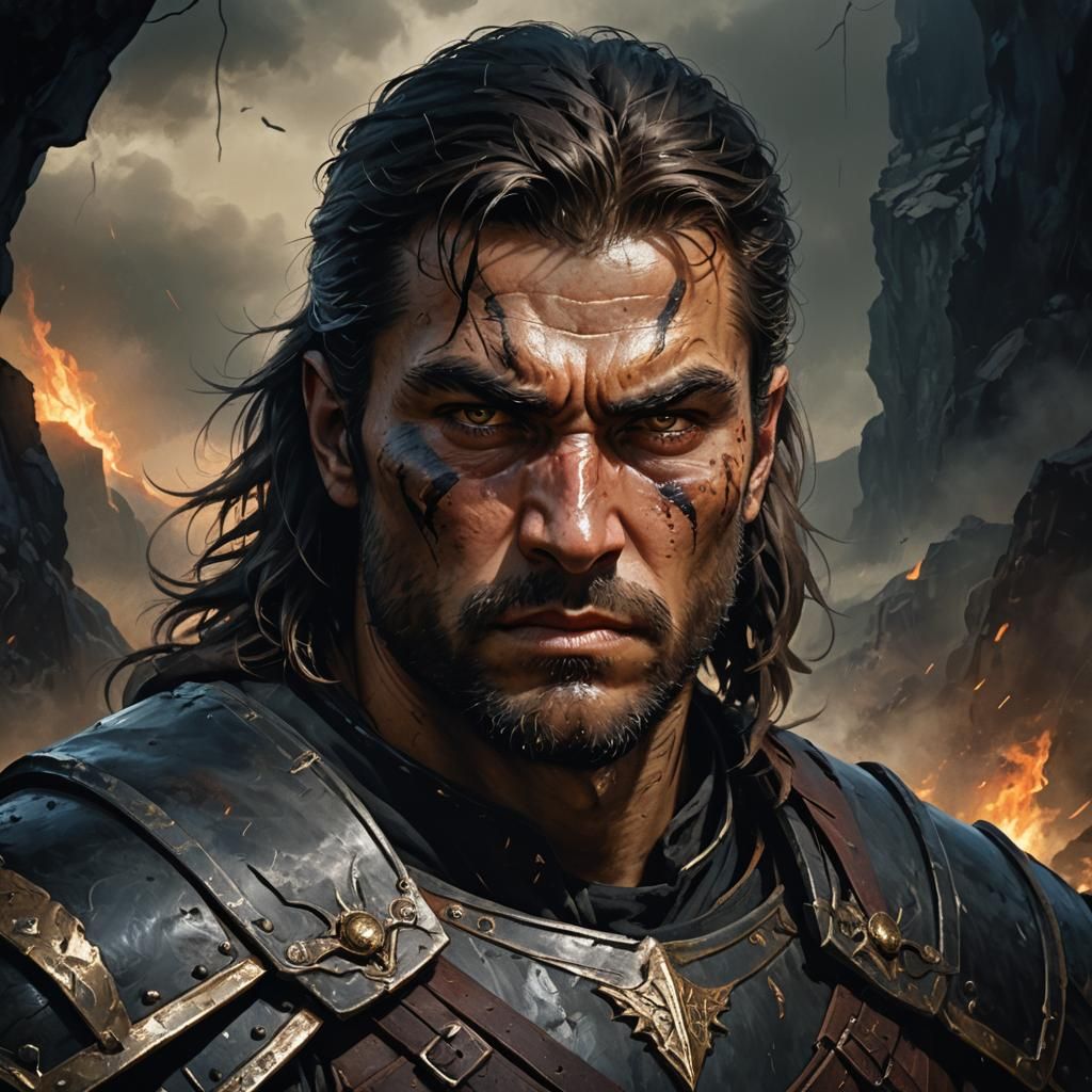 Brooding Warrior Portrait in Dark Fantasy Style