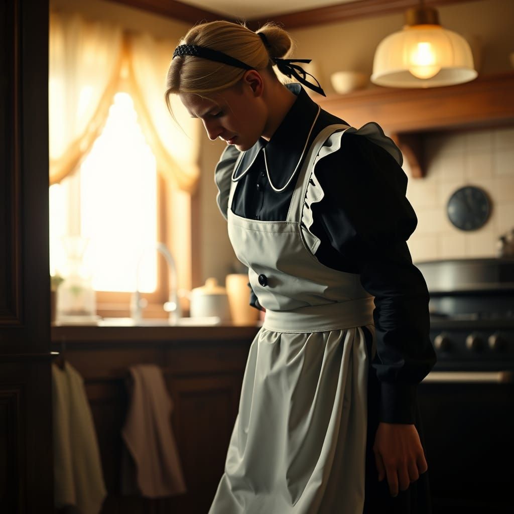 Elegant Servant in Exquisite Black Satin Uniform