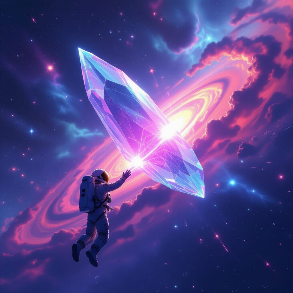 Astronaut Reaching for Cosmic Crystal in Synthwave Style