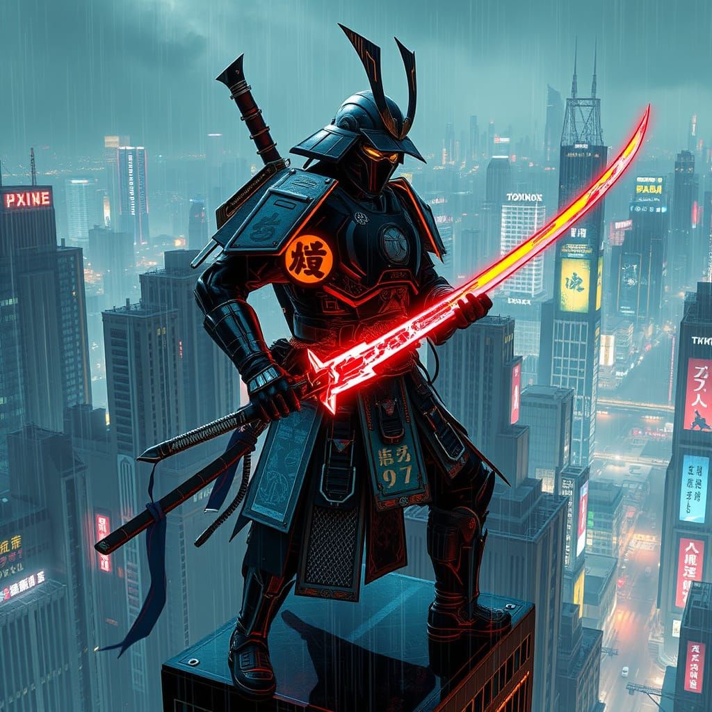 Cyberpunk Samurai Warrior Overlooking Neon Tokyo