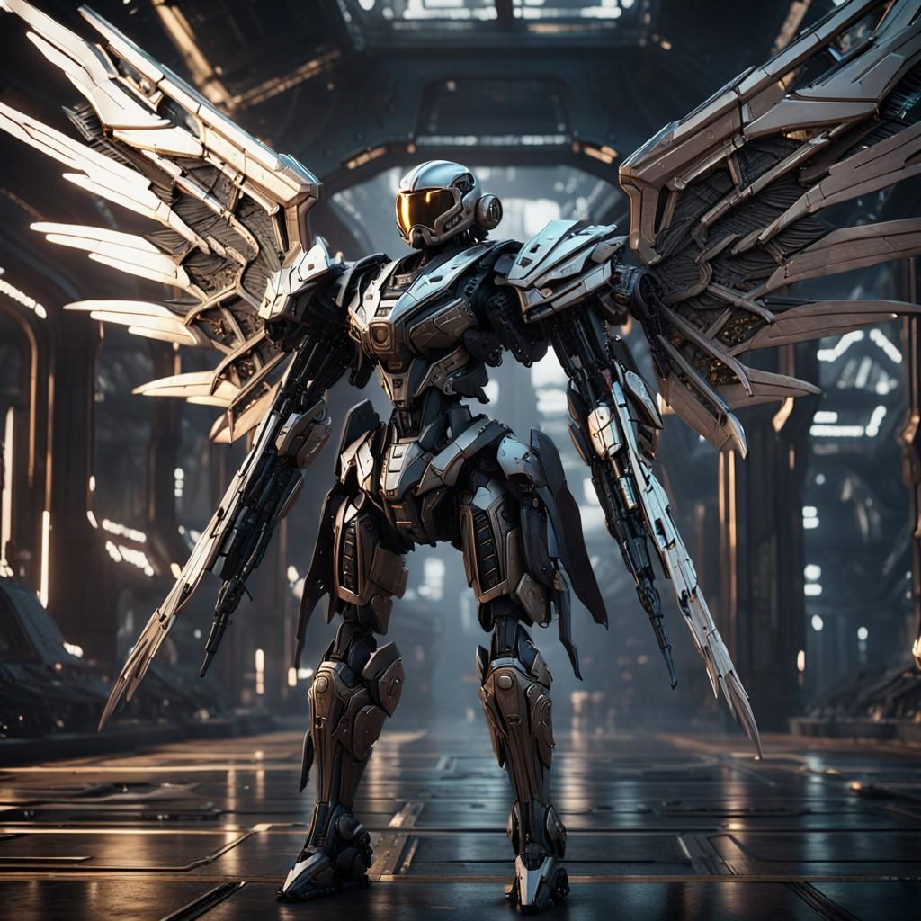 Dark Angel with Sci-Fi Wings in Epic Battle